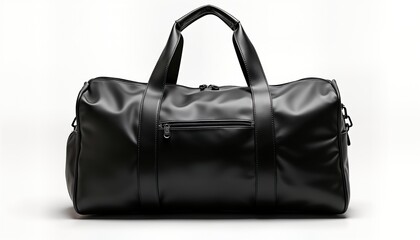 Naklejka premium Stylish black sport bag isolated on white background. Durable material, modern design. Perfect for travel gym. Bag zipper closure, straps for easy carrying. Great accessory for various activities