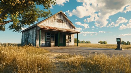Fototapeta premium Vintage Gas Station with Rustic House Under Blue Sky and Fluffy Clouds in Rural Landscape with Tall Grass