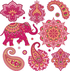Indian vector clipart set with paisley, mandala, Indian elephant. Colorful Hindi ornament. Indian pattern. Sanskrit. Lotus mandala