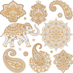 Indian vector clipart set with paisley, mandala, Indian elephant. Golden Hindi ornament. Indian pattern. Sanskrit. Lotus mandala


