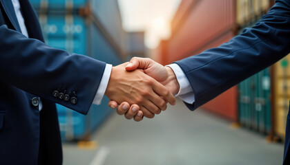 Two business people exchange handshake outside in front of shipping containers. Business deal made. Pro people in business suits. Collaborate for trade, business transaction in industrial setting.