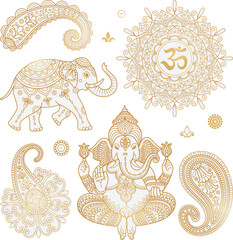Indian vector clipart set with Ganesha, paisley, mandala, Indian elephant. Golden Hindi ornament. Indian pattern. Sanskrit. Lotus mandala

