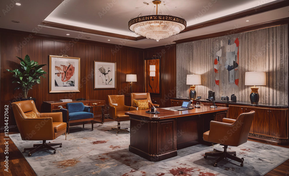 Aufkleber a large room with a chandelier and a desk with a laptop. there are several chairs and a potted plant