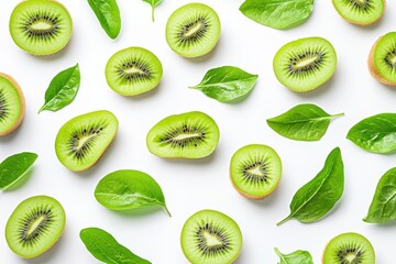 Fototapeta premium Green kiwi slices and green leaves scattered across a clean white background