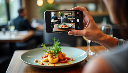 Person takes photo of food dish with smartphone. Food critic reviews dish in restaurant. Modern lifestyle scene with gastronomic style. Person captures dish for blog. Restaurant setting. Person uses