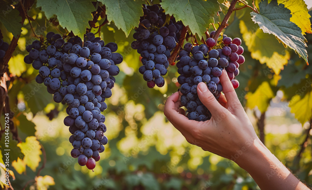 Poster a hand is reaching for a bunch of grapes. the grapes are ripe and ready to be picked. concept of abu
