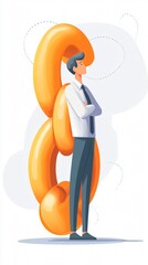 Businessman Stands with Crossed Arms Next to an Abstract Orange Infinity Symbol, Representing Business Concepts, Corporate Identity, and Marketing