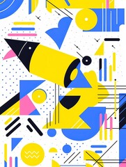 Pop Art Illustration of a Hand Holding a Megaphone with Pink Arrows on Yellow and Blue Background, Marketing Promotion Campaign Concept