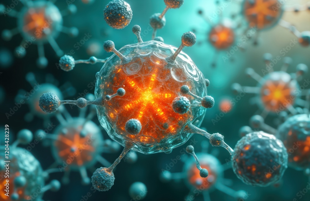 Poster microscopic view of antioxidant molecules interacting with cellular structures. molecular biology te