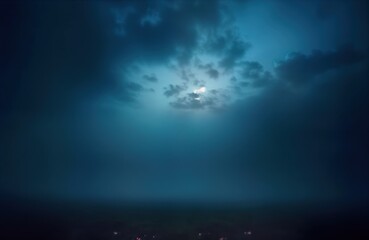 Dark night sky view with dramatic blue fog. Foggy night sky with stormy clouds creates mysterious, creepy atmosphere. View from above. Dramatic dark sky background. Realistic cinematic style. Ideal