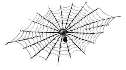 Obraz premium Intricate Black Spider Web with Raindrops on a Bright White Background Showcasing Nature's Geometry and Design