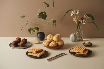 A Still Life of Waffles, Buns, and Meatballs