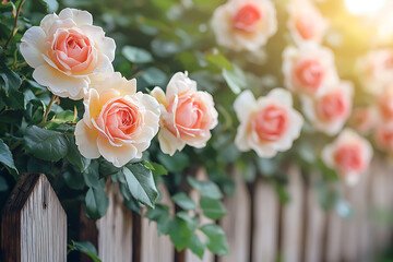 Peach roses blooming profusely along a rustic wooden fence.