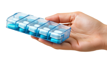 Daily Medication Organizer with Multiple Compartments for Pills in a Person's Hand