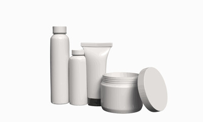 Cosmetics set, collection - lotion bottles, cream tube, cream pot, lid is open