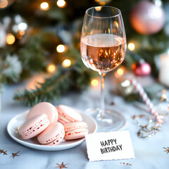 Elegant birthday celebration with pink macarons, a glass of rosé wine, and festive lights creating a cozy and joyful atmosphere