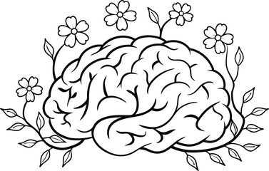 sketch of brain Human Brain with Vines and Floral Arteries Line Art Vector Illustration