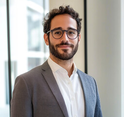 Confident young businessman with glasses and beard smiling in modern office hallway with natural light