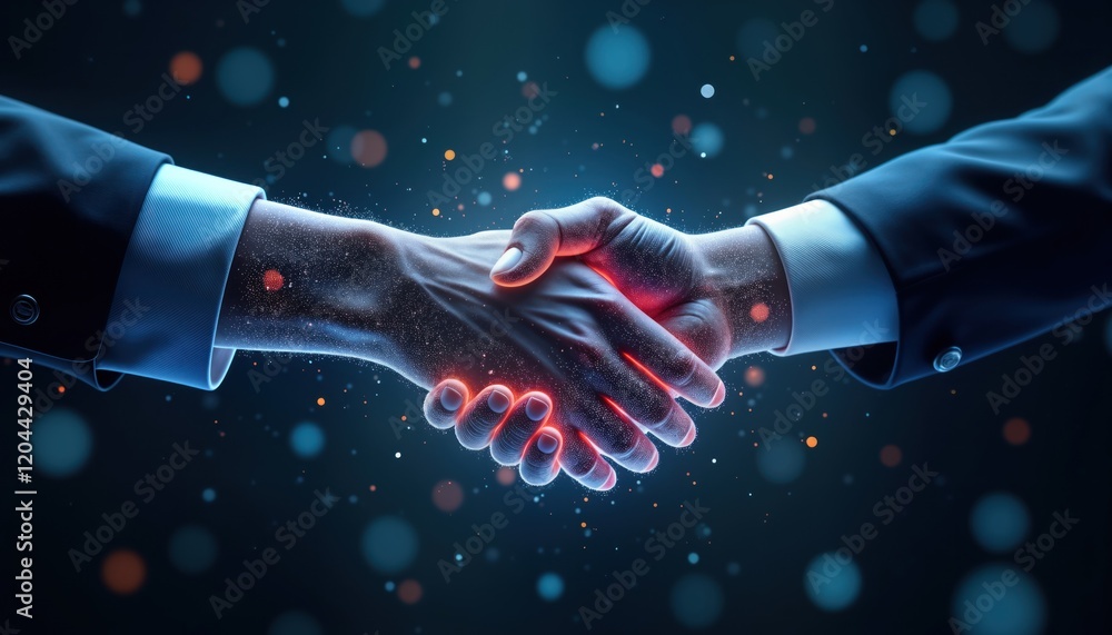 Poster business partners shake hands in futuristic digital glow. tech collaboration, innovation in ai, bloc