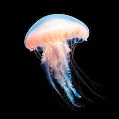 Ethereal jellyfish with translucent body and flowing tentacles floating gracefully in the dark ocean depths