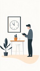 Man reading a book in a minimalist home office setting, enjoying quiet time. Perfect for lifestyle and interior design themes.