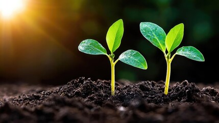 Fototapeta premium Young seedlings growing in rich soil, sunrise background; environmental growth concept