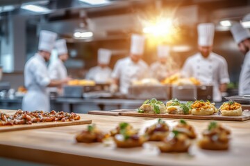 A busy modern commercial kitchen with a wooden countertop in the foreground