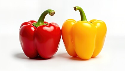 Two bell peppers red, yellow isolated on transparent background. Fresh ripe vegetables highlighted. Healthy food ingredient for diet. Colorful vibrant display of fresh produce suitable for grocery