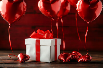 Romantic gift box with red ribbon and heart-shaped balloons.