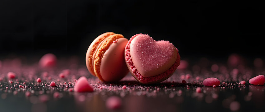 Macaron Coeur rose isol&eacute; sur fond noir 