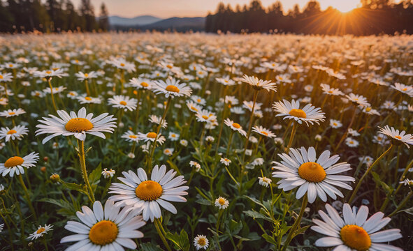 A field of white daisies with the sun shining on them. The sun is in the background and the flowers are in the foreground