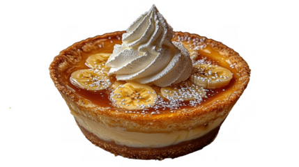 A banana cream dessert with layers of creamy filling, topped with whipped cream and banana slices. It's a delicious treat ideal for any occasion.