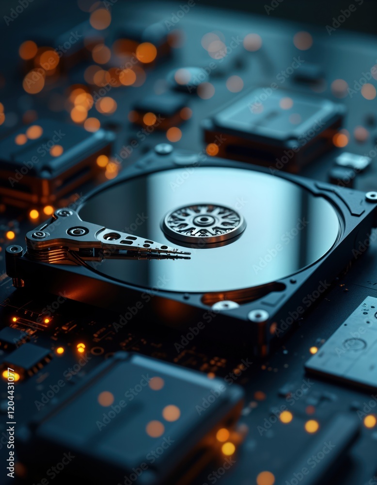 Aufkleber Close-up tech image of hard disk drive. Data storage tech part of computer system. Electronic equipment for backup, recovery of data from cloud. Isolated view of internal components. Modern tech in