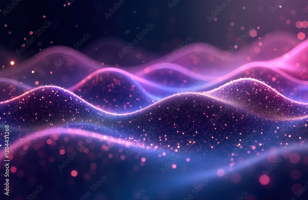 Poster abstract digital illustration features flowing purple, blue waves. sparkling particles create dynami
