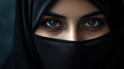 Naklejka premium beautiful young Muslim woman covered her face in black hijab. focus on the eyes