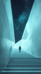 A solitary figure walks up a stairway towards a starry sky, framed by angular walls.