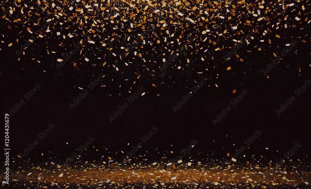 Poster a black background with gold confetti falling from the sky. the confetti is scattered all over the b
