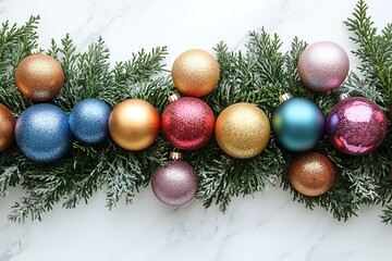 Festive Christmas ornaments arranged on snowy evergreen branches against a marble background.