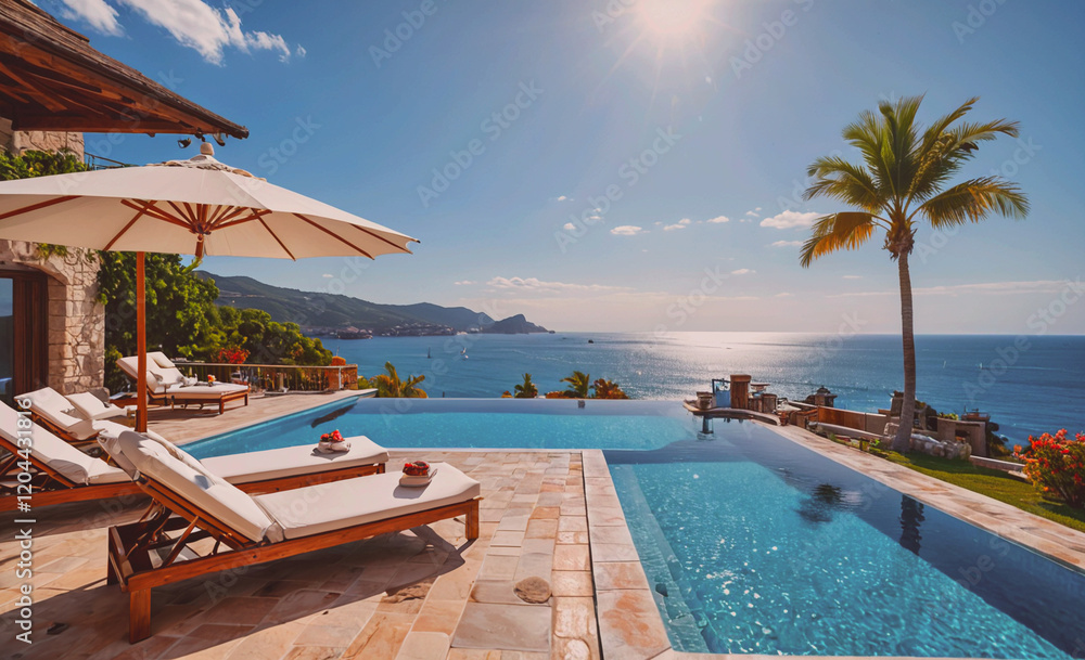 Aufkleber A beautiful beach house with a pool and a large umbrella. The pool is surrounded by chairs and a palm tree. The ocean is in the background, and there are boats in the water. The scene is relaxing and