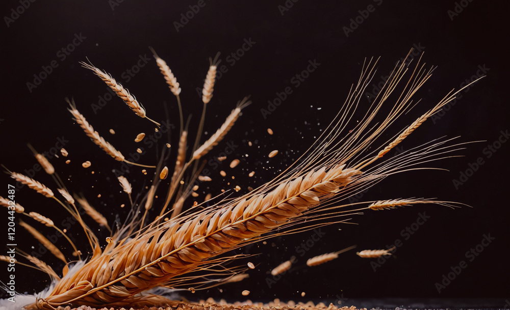 Poster a close up of a bunch of wheat with a lot of dust flying out of it. concept of movement and energy, 