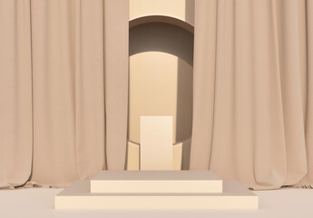 Abstract geometry cube podium for product presentation with circular opening and curtains in the background, winners podium, 3d render, 3d illustration
