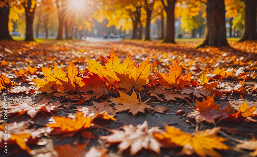 Aufkleber a large pile of orange leaves on the ground. the leaves are scattered in a field and there are some 