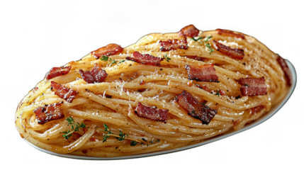 A beautifully plated spaghetti dish featuring crispy bacon and garnished with herbs, showcasing Italian culinary traditions. Perfect for a delicious meal.