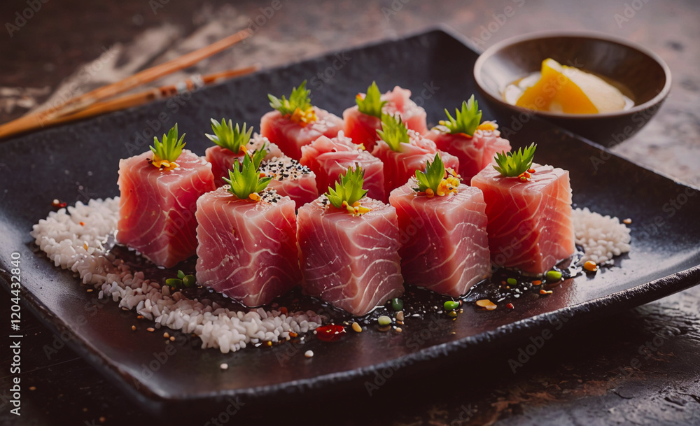 Poster A plate of sushi with a black plate and a bowl of lemon slices. The sushi is arranged in small cubes and is garnished with parsley. The lemon slices are placed on the side of the plate, adding a pop