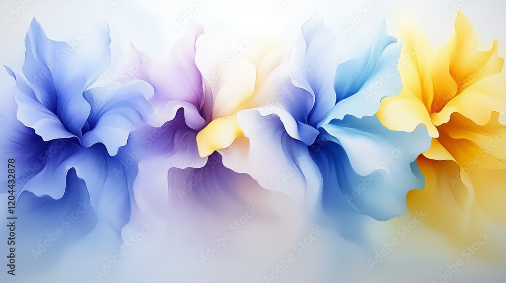 Poster a painting of four flowers in different colors, with the blue one in the middle. the painting has a 