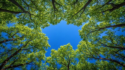 Fototapeta premium Upward View of Lush Forest Canopy with Vibrant Green Leaves, Circular Blue Sky Opening, and Sunlight Filtering Through Tall Trees in a Serene Woodland Scene