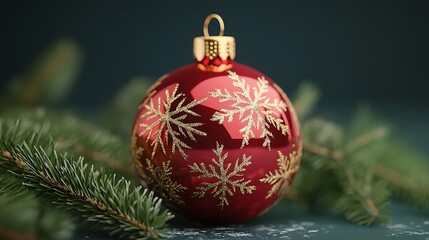 Red Christmas bauble with gold snowflakes rests on pine branches against a dark background.