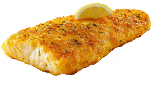 A beautifully plated golden baked fish fillet garnished with a lemon slice, showcasing fresh culinary skills in a gourmet setting.