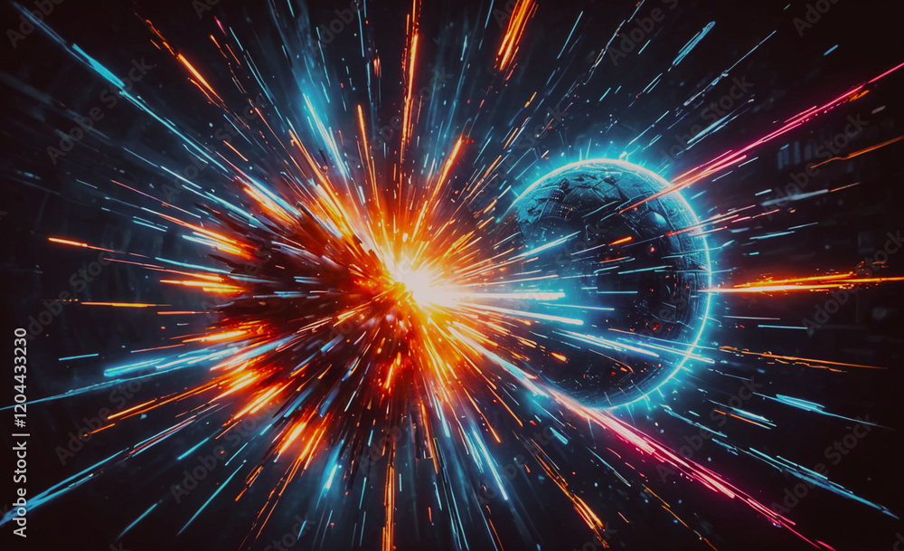 Poster a bright, colorful explosion in space with a planet in the middle. the explosion is so bright that i