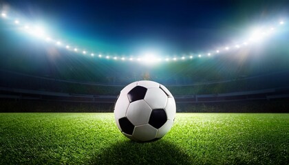 soccer ball in a stadium with lights a classic black and white soccer ball on green grass in the center of a stadium illuminated by spotlights